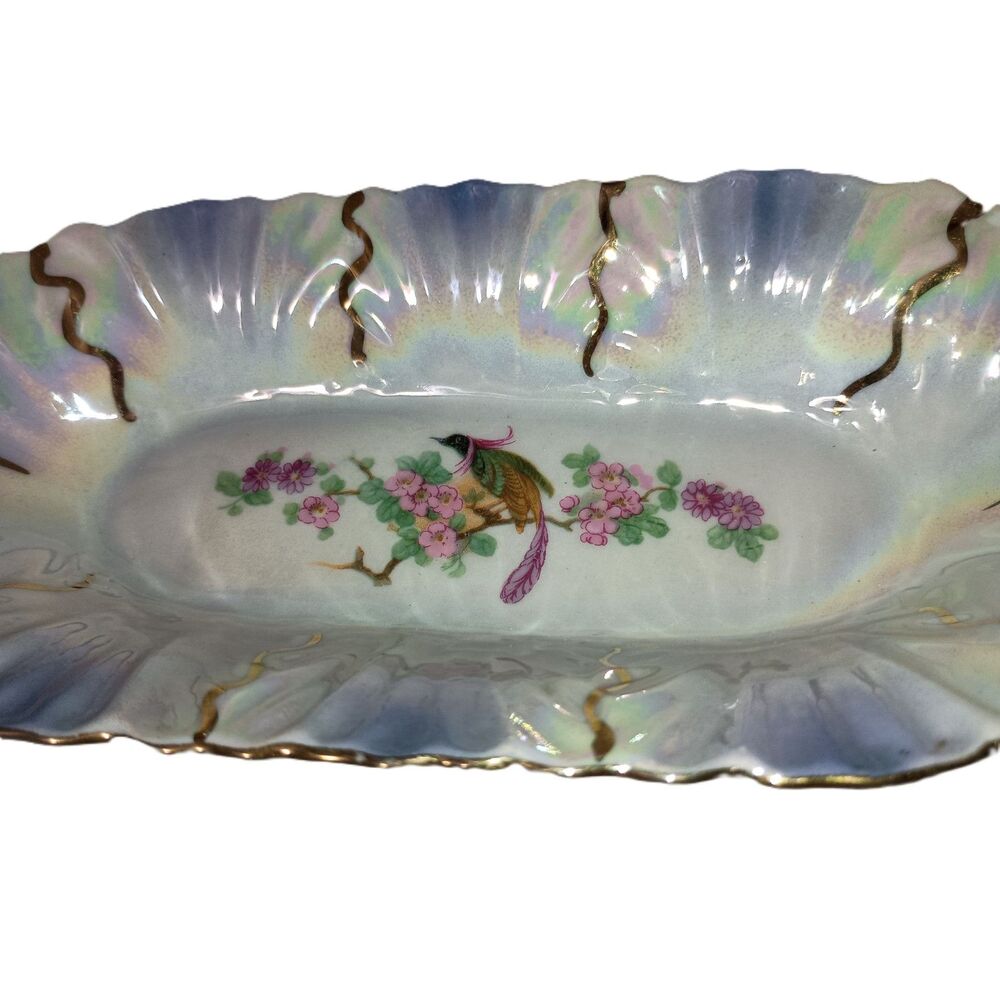 Vintage Lusterware Oval Dish, Bird & Flowers Motif, Scalloped Edges, & Gold Trim